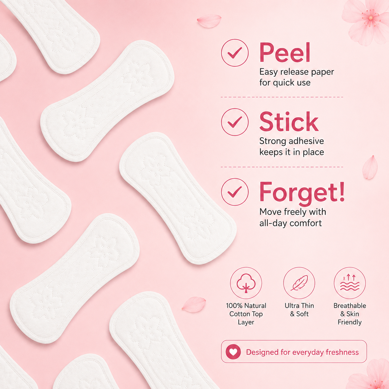 Disposable Daily Pantyliners for Everyday Freshness & Light Protection – Pack of 45
